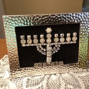 Jewelry menorah art silver upcycled necklace mantle display rhinestones framed